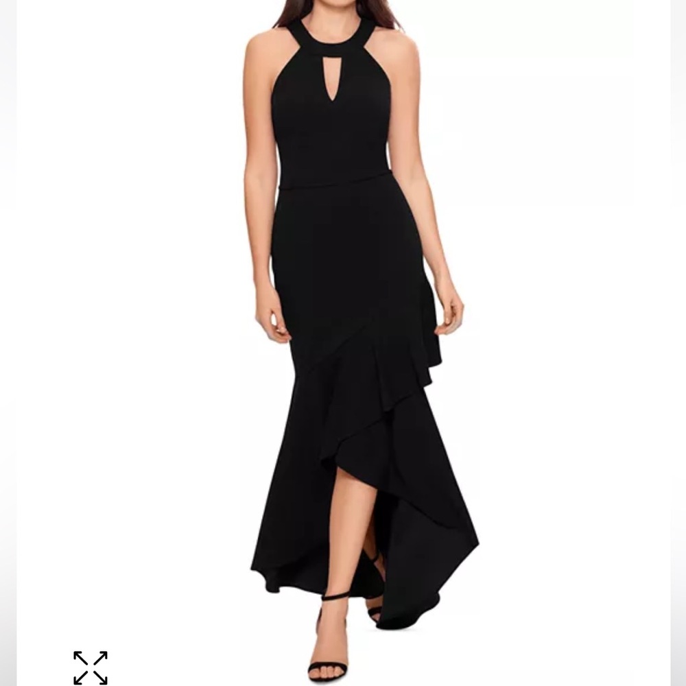 Aqua Black Halter-Keyhole Ruffle-Trim Maxi Dress